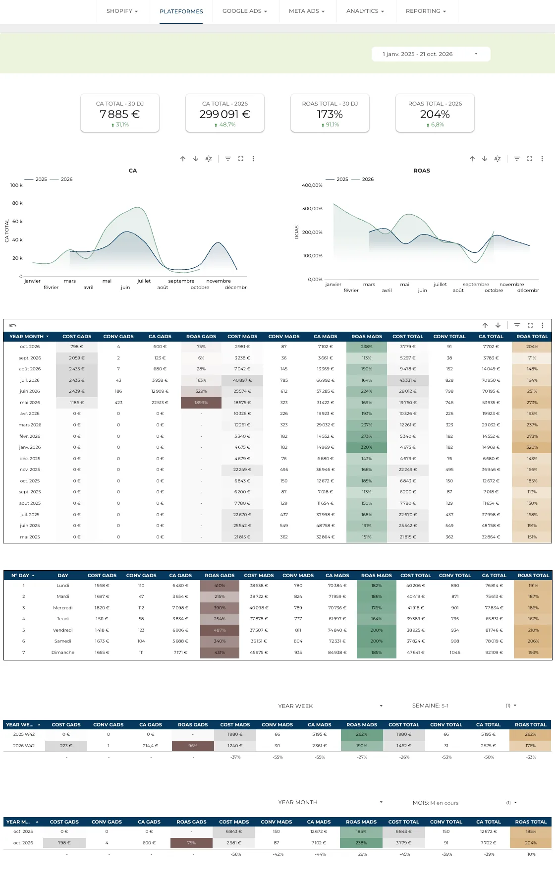 Dashboard Plateformes : coût, conversions, CA et ROAS de Google Ads, Meta Ads et du total, par mois, jour de la semaine, semaine